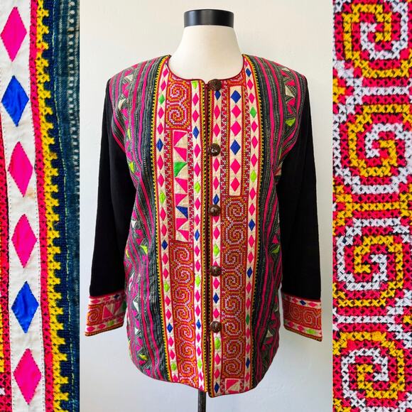 VTG Hmong Thai Style Handmade Patchwork Embroidered Psychedelic Quilted Jacket - Picture 1 of 7